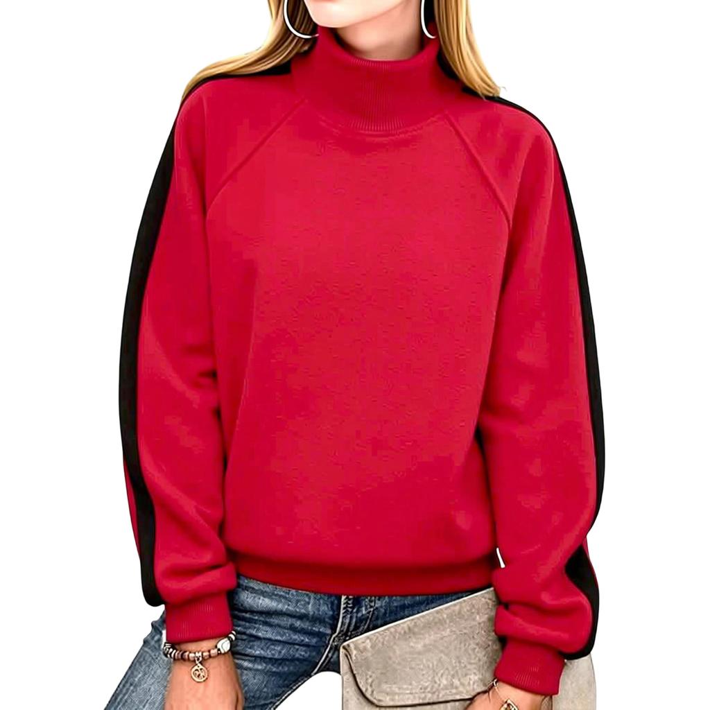 Women's Casual Loose Fit Color Block Long Sleeve High Neck Pullover Sweatshirt