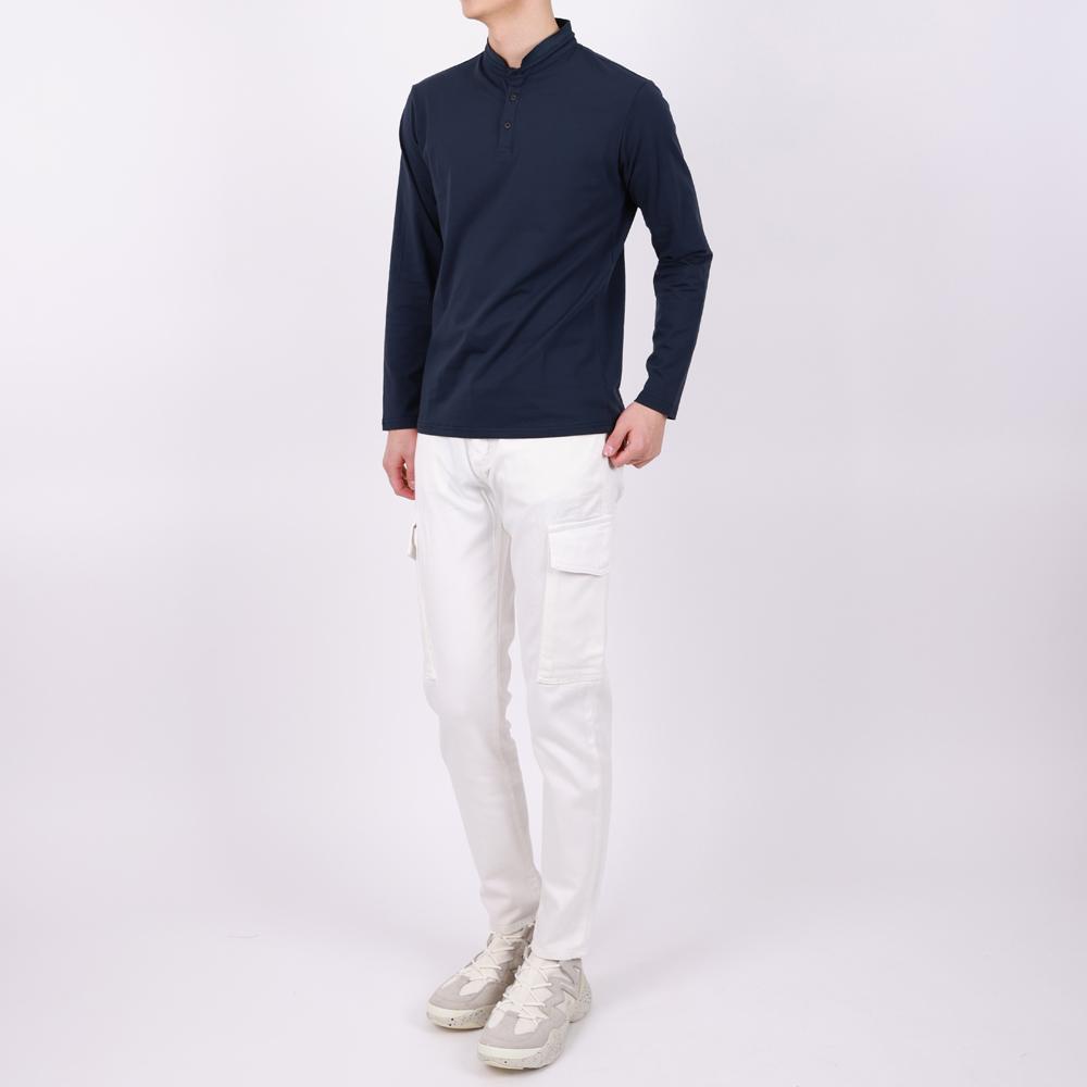 IKALOOK Henley Neck Navy Long Sleeve T-Shirt Tee172