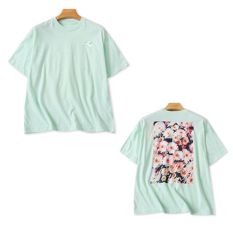 

Экспорт Летняя женская футболка круглый вырез свободная западный стиль облегающая универсальная с принтом повседневная антивозрастная милая элегантная Light green F