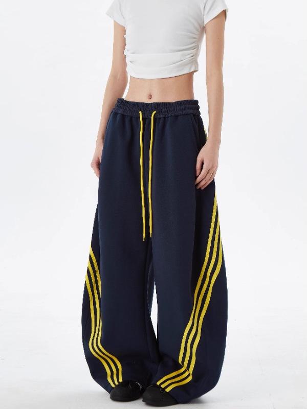 Retro Striped Color Block Wide-Leg Sweatpants with Elastic Drawstring for Men & Women