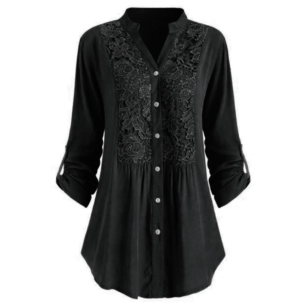 Women Ladies Large Size Button Lace V Neck Long Sleeve Shirt Blous