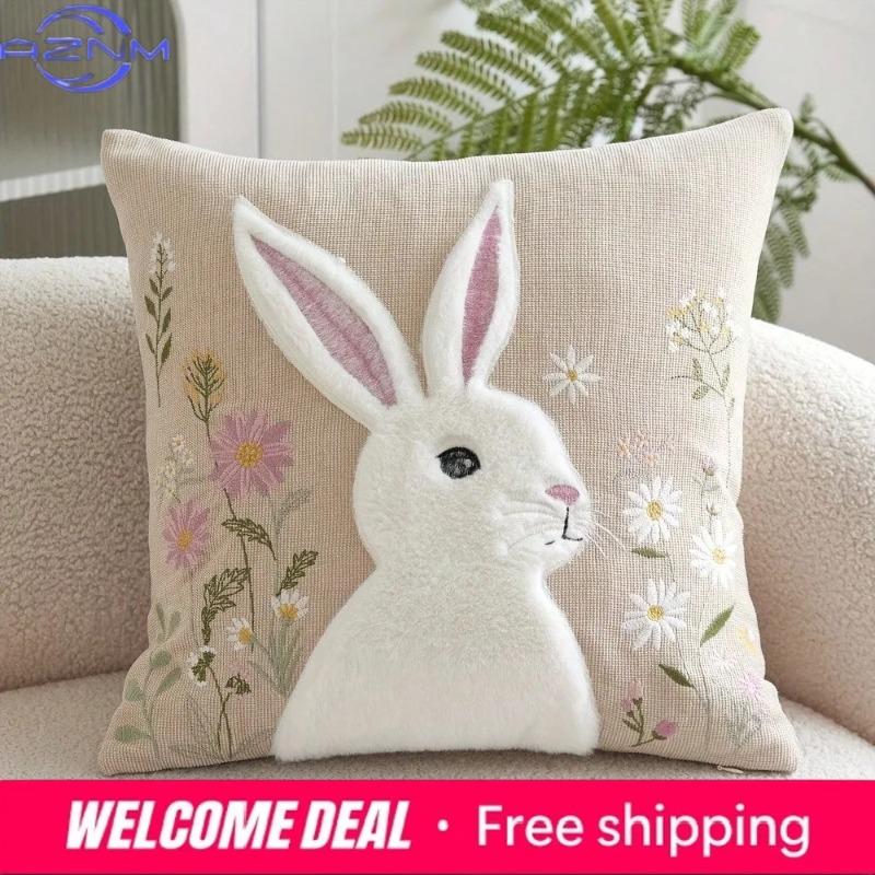 2D Printing Effect Beige Flower Rabbit Cushion Cover Made Of Polyester Fiber Material Suitable For Sofa Bedroom Spring Decoratio