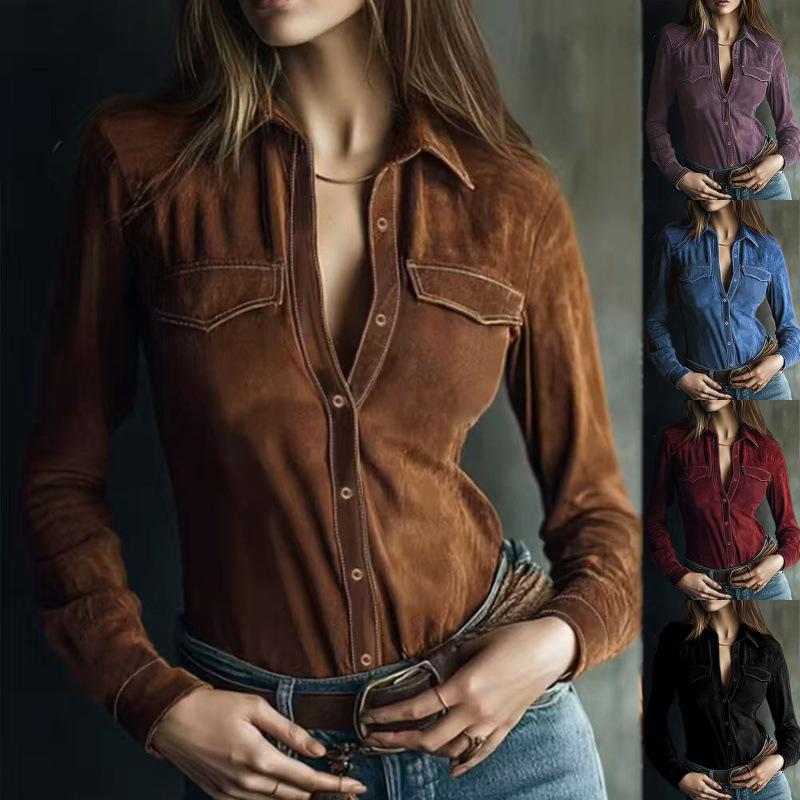 Women's Faux Suede Button Down Shirt Lapel Collar Slim Fit Long Sleeve Blouse with Chest Pockets Casual Western Style Top