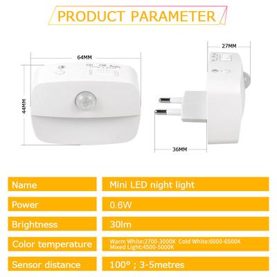 Motion Sensor LED Night Light Plug In Socket 3 Color Temperature Room Kitchen WC Hallway Human Infrared Induction Emergency Lamp