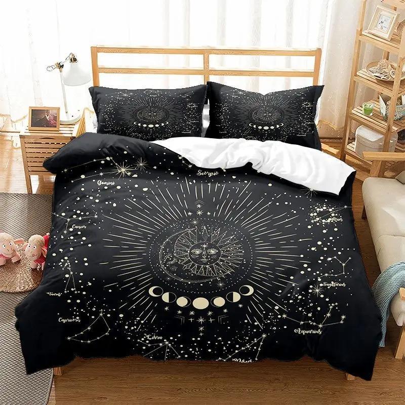 Sonne Mond Bettbezug KingQueen Größe, Galaxie Boho Exotisches Bettwäscheset Schwarz Gold Astrologie Himmlisch Polyester Steppdecke