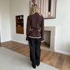 Old Money Style Striped Asymmetric Wrap Long Sleeve Shirt Lace Trim Cross Tie Polo Collar Top