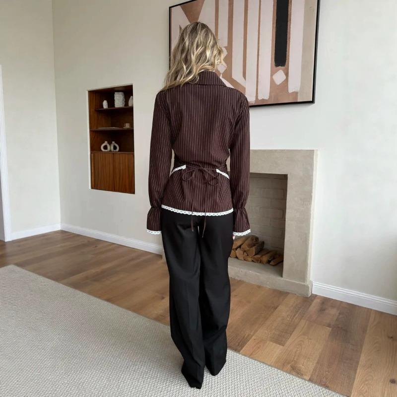 Old Money Style Striped Asymmetric Wrap Long Sleeve Shirt Lace Trim Cross Tie Polo Collar Top
