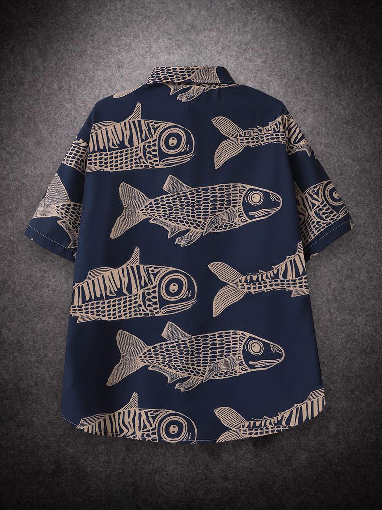 Übergroßes, lockeres Vintage-Kurzarmhemd mit Karpfen-Vollfisch-Print für Herren, lockeres Sommerhemd, trendiges Streetwear-Oberteil für Männer