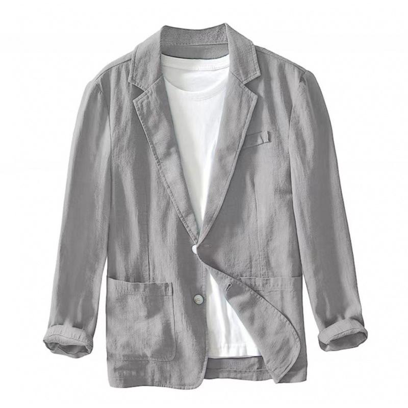 Casaco de fato masculino casual de algodão e linho de cor sólida de camada única