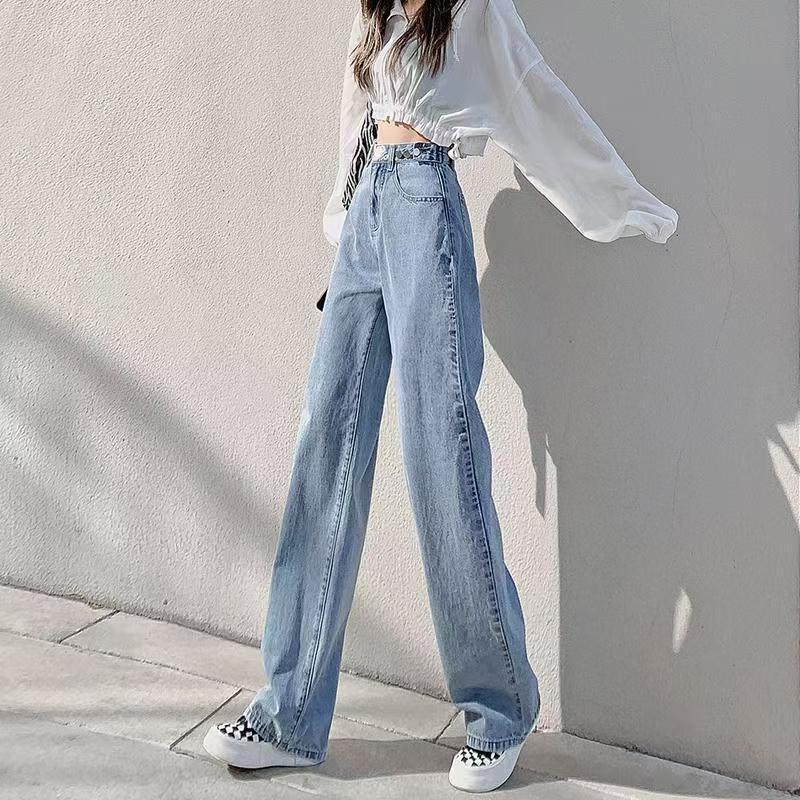 Exclusive Fleece-Lined Wide-Leg Women's Jeans - Autumn/Winter, Loose Fit, Slimming Solid Color