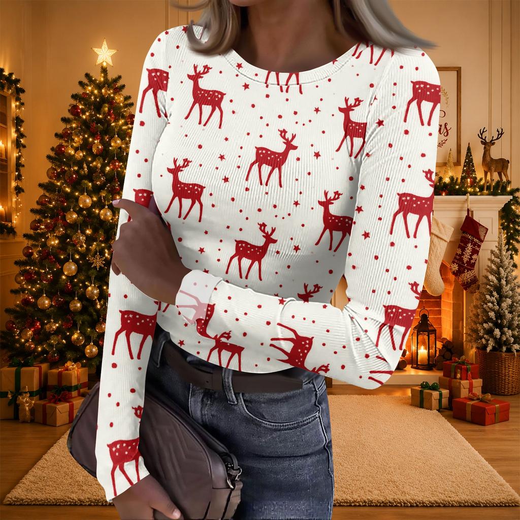 Women's Casual Long Sleeve Christmas Print Neck Ribbed Knit Top