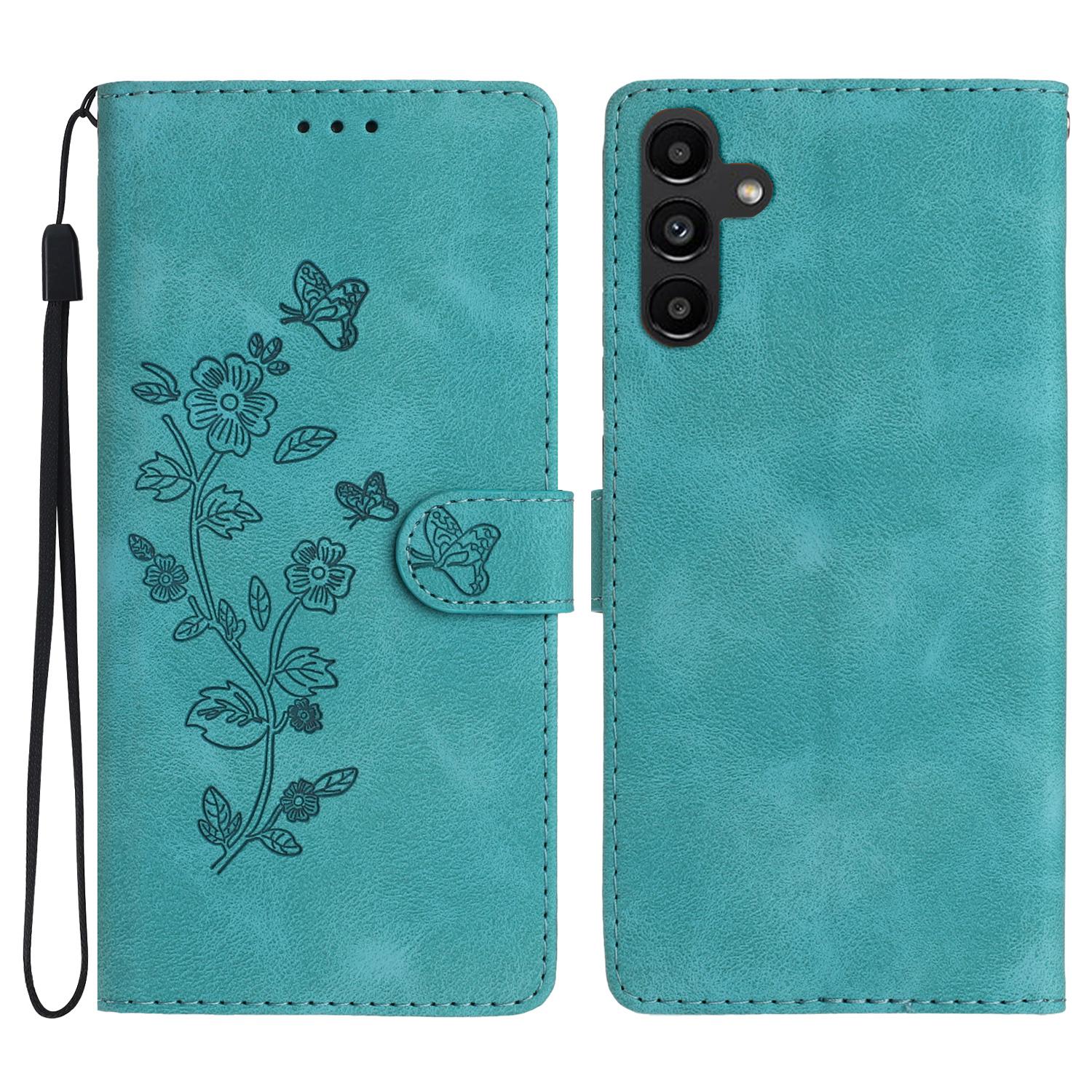 

For Samsung Galaxy A16 5G/A16 4G Case Leather Imprinted Flower Phone Cover Wallet with Wrist Strap Sky Blue
