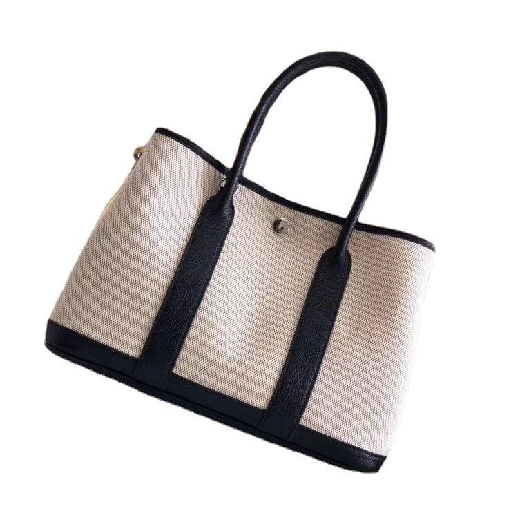 Grensoverschrijdende nieuwe canvas tas met eerste laag koeienhuid voor dames, tuin handtas, echt leer, contrasterende kleur, schoudertas, messenger tas, tote bag