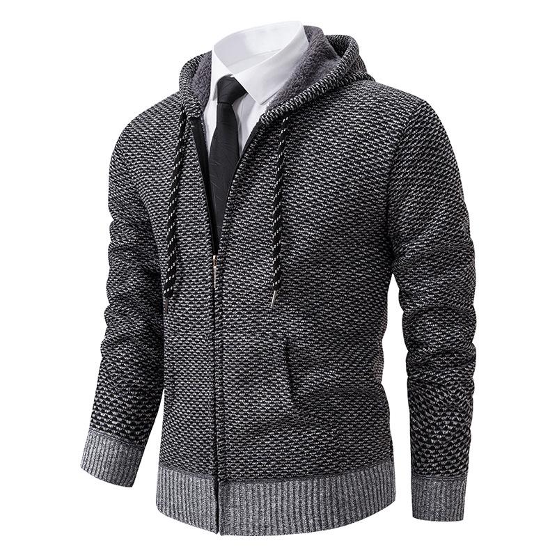 Men's Hooded Fleece-Lined Knitted Cardigan - Thick, Plus Size, Autumn/Winter 2023 Collection.