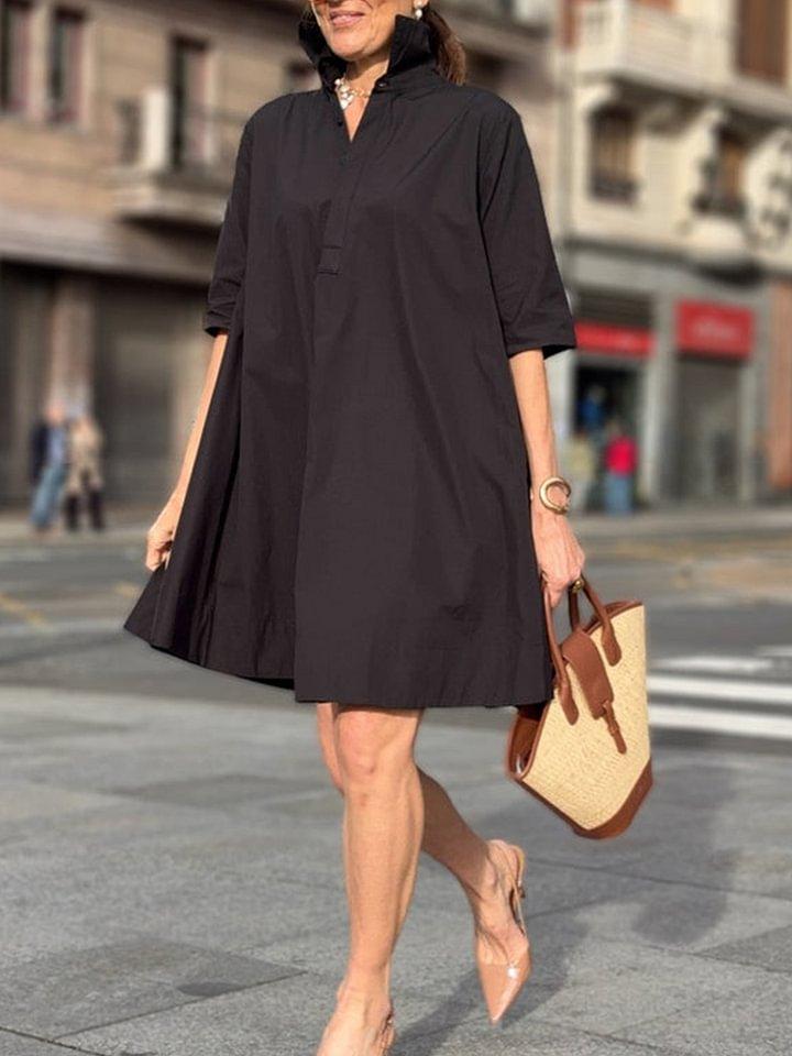 Damen Langarm Hemdkleid mit Knopfleiste, A-Linie, in Weiß, Beige, Schwarz, Marineblau