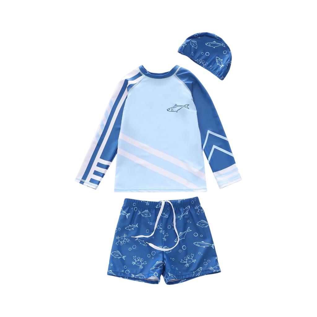 Boys Three Piece Swimwear Set Long Sleeve Rash Guard Swim Shirt Swim Shorts and Swim Cap Cartoon Print Lightweight Quick Dry