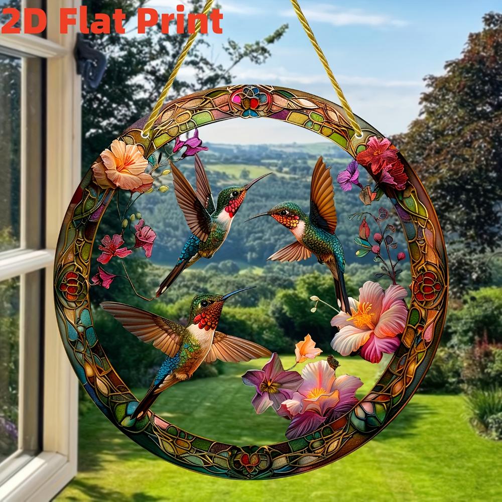 20CM 2D Flat Hummingbird Flower Color Art Translucent Round Window Hanging Decorative Acrylic Decorative Sun Catcher Parasol for   Garden Gift