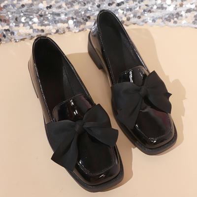 Duże Czarne Mokasyny Damskie, Niszowe Małe Skórzane Buty z Węzełkiem Motylkowym na Grubej Podeszwie, Vintage Jednokolorowe Buty