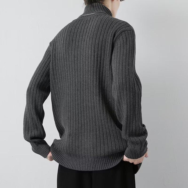 Men's Striped High Neck Knit Sweater - Thick, Loose, Solid Color Winter Base Layer