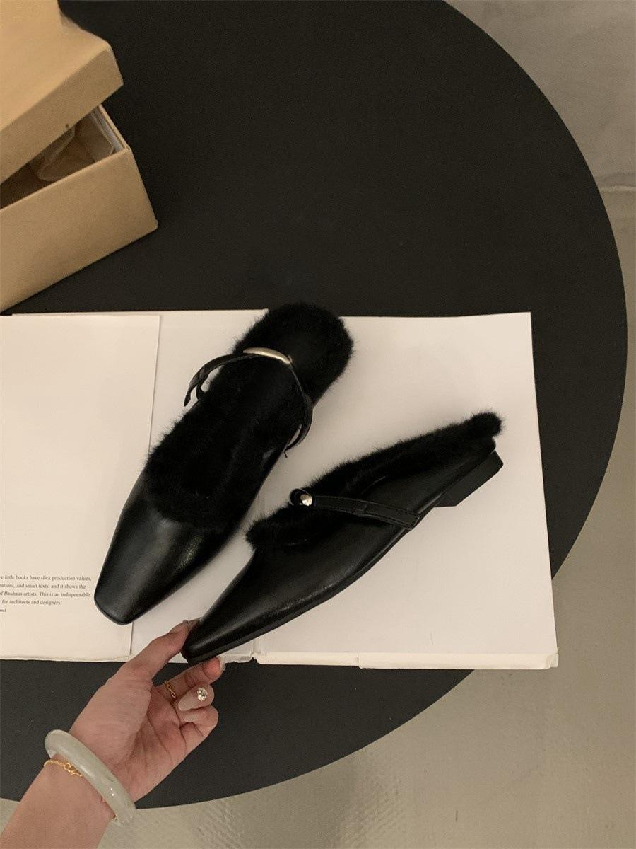 

Thick heel outer wear fluffy slippers women s shoes 2025 new autumn and winter bag head half slippers velvet cotton shoes 40