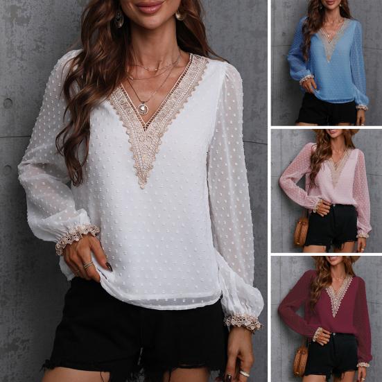 

V-образным вырезом с длинными рукавами жаккардовый декор сплошной цвет повседневная блузка осень