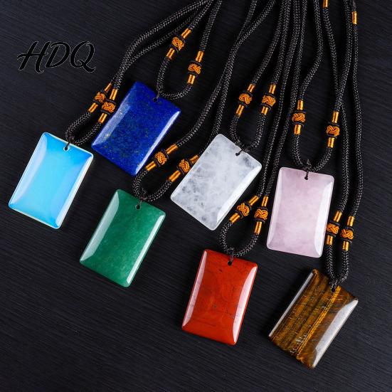 Healing Energy Stone Necklace Natural Crystal Pendant Necklace with Adjustable Polished Braided Rope Fake Gemstone Jewelry for Men Women