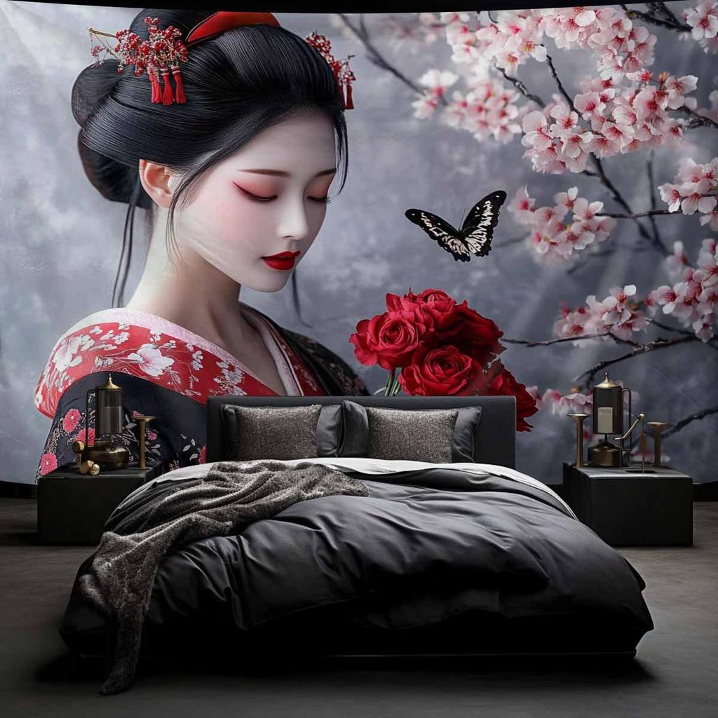 Geisha Woman Cherry Blossom Tapestry Japanese Kimono Art Butterfly Wall Hanging Eastern Decor Living Room Fabric Print