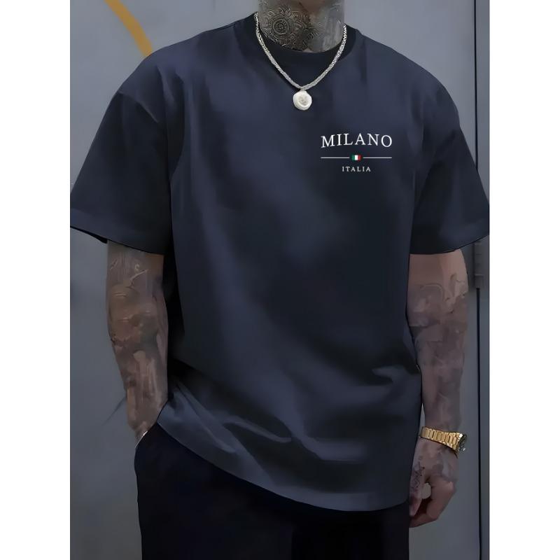 Men's Casual Short Sleeved T-shirt Paired with Milan Italian Print Round Neck Outdoor Summer Top, Breathable and Comfortable