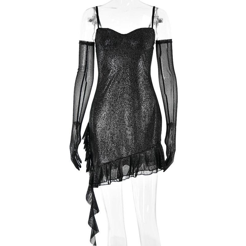 

Fashion Style Ins New Fashion Mesh Hot Silver Sling Tube Top Short Skirt Sexy Sexy Open Back Hip Bag Dress Black S