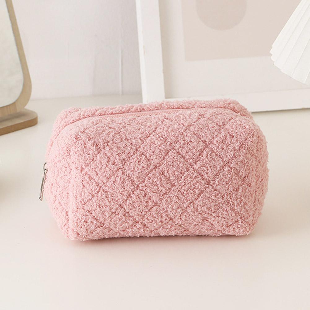 Cute Plush Cosmetic Bag Solid Color Simple Soft Large Capacity Makeup Storage Bag Daily Travel Cosmetic Bag