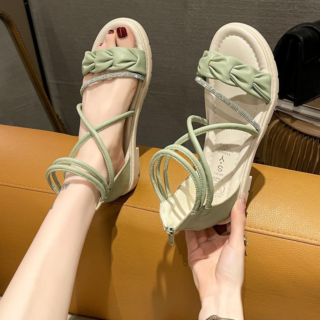 Diamond Ladies Shoes Strappy Black Flat Rubber Women's Sandals Roman Style Low Price Korea 2025 Luxury Sandal Summer Comfortable