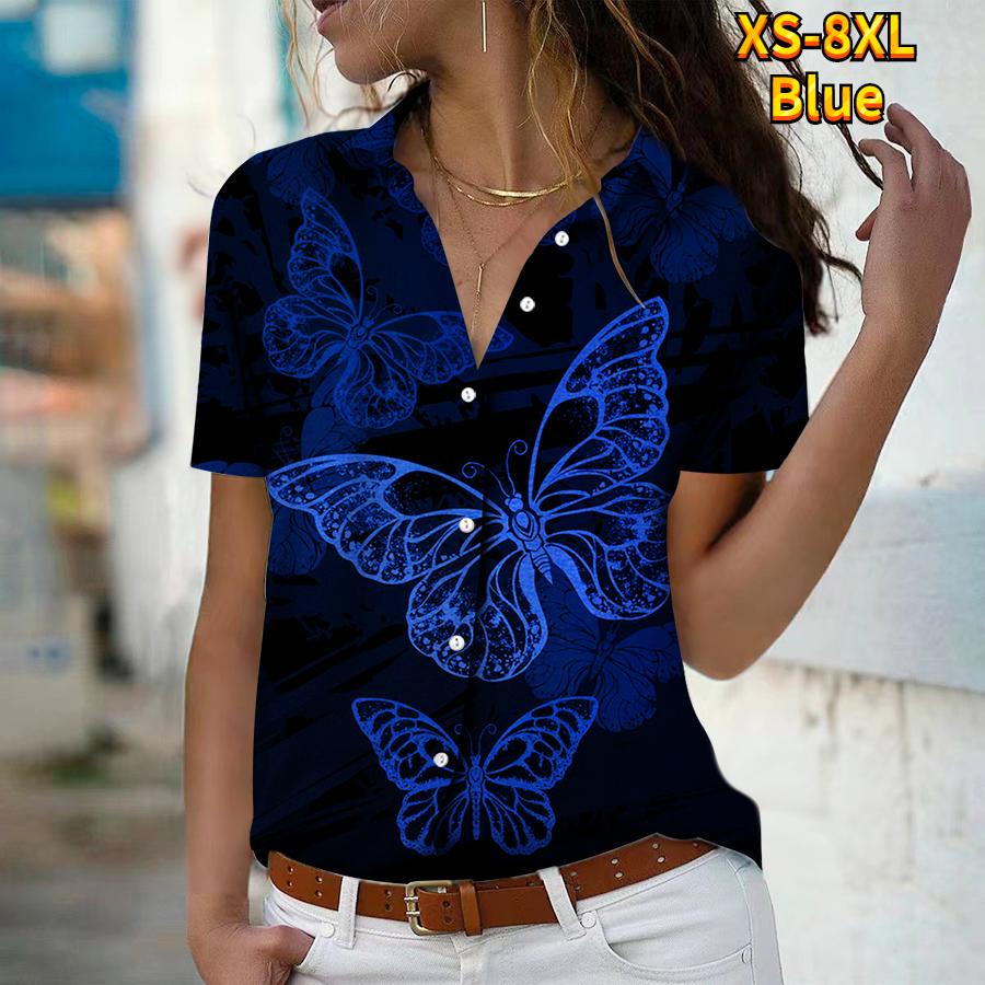 

2025 Лето Новая Мода Женская Повседневная Рубашка Топ с Коротким Рукавом и V-образным Вырезом на Пуговицах с Принтом Бабочек 8XL синий