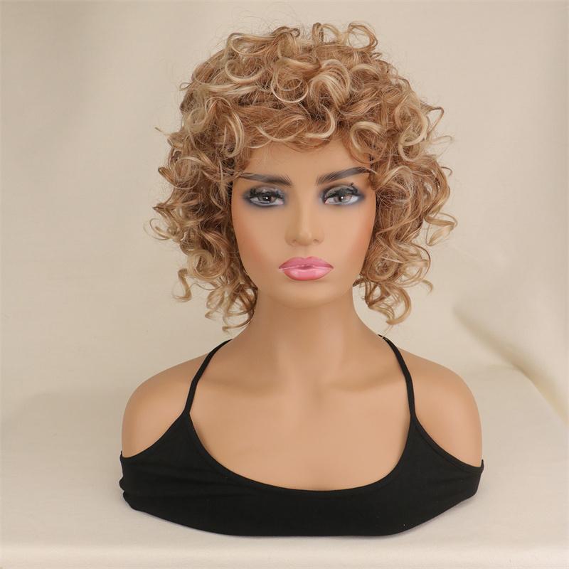 

Синтетические парики для женщин Короткие кудрявые волосы Смешанный блонд парик с челкой Натуральная прическа Парик для мамы Повседневная носка Парики для замены волос