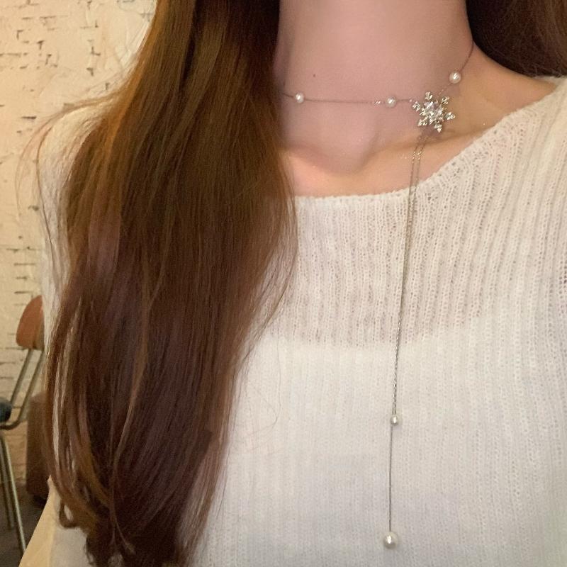 Firework Pearl Pendant Slider Necklace For Women Exquisite Sweet Long Tassel Sweater Chain Vintage Casual Versatile Jewelry Gift