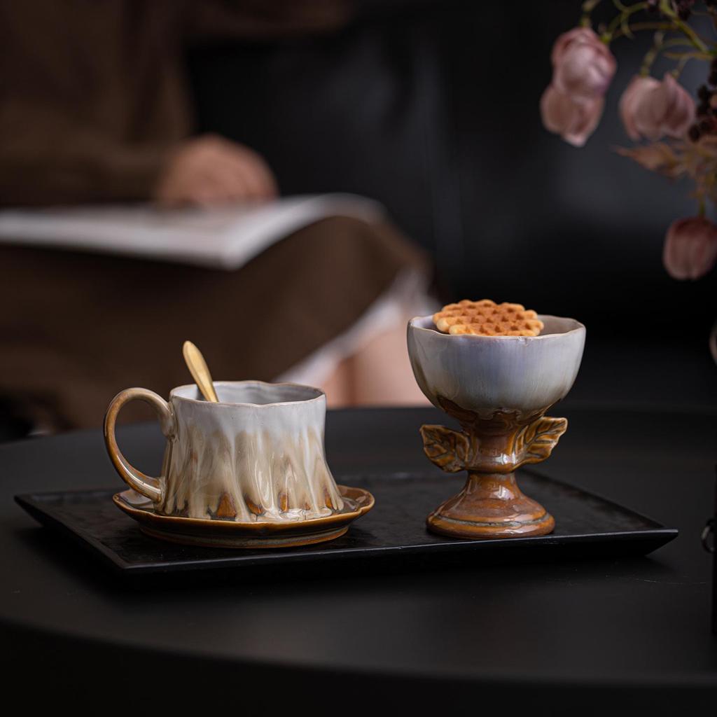 French Retro Ceramic Coffee Cup and Saucer Set with Ice Cream Bowl and Creative Leaf Design