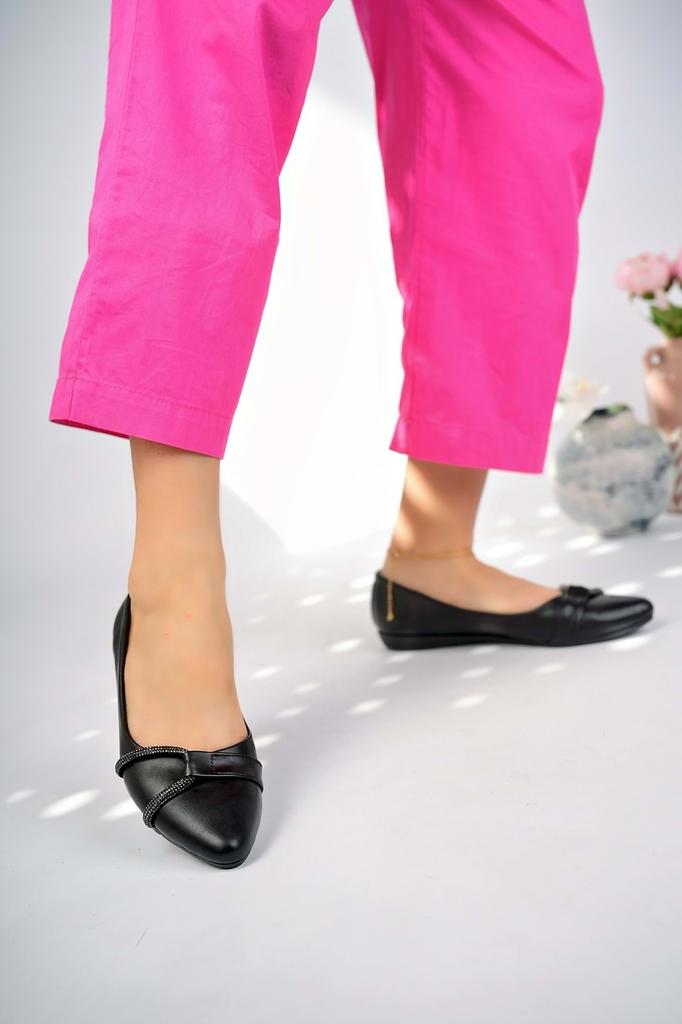 Women's Flat Shoes Black Side Stone Daily Large Big Size Ballerina Shoes - Black - 42