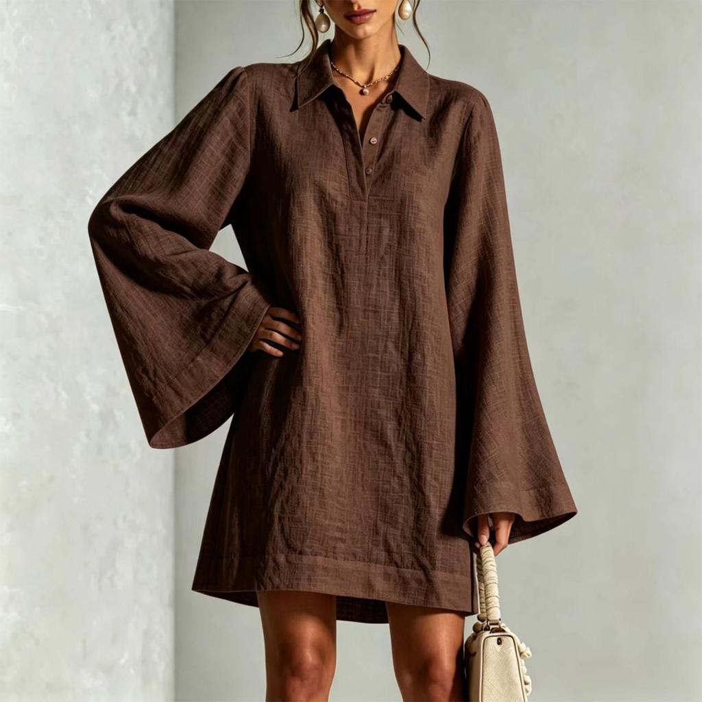 Women's Casual Color Loose Fit Long Sleeve Dress with Lapel Collar and Flared Sleeves