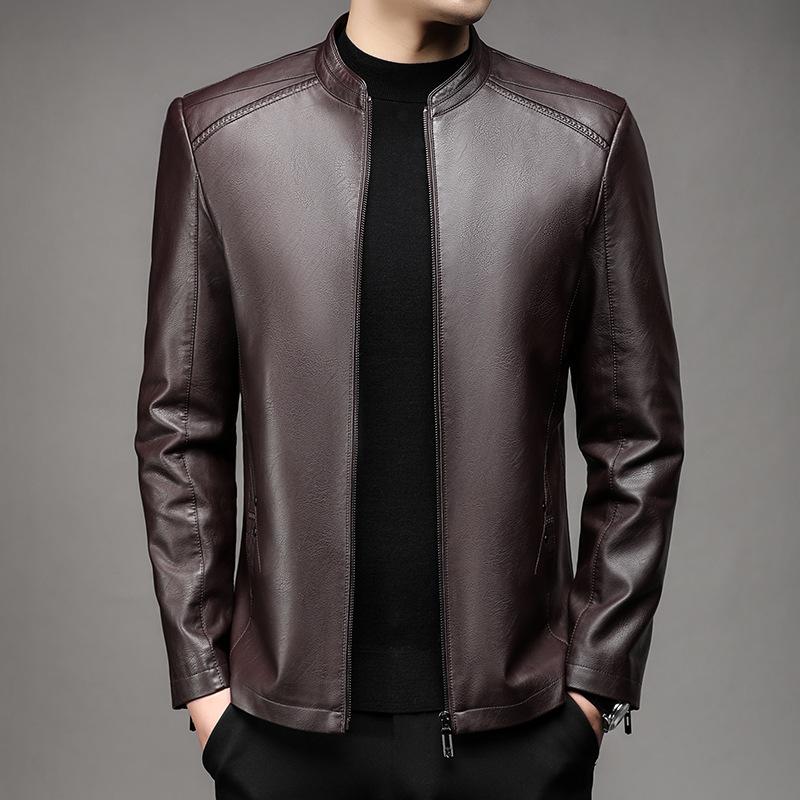 Velvet Stand Collar Leather Jacket Men's Simple Business Casual Leather Jacket Men's Autumn and Winter New Leather Jacket
