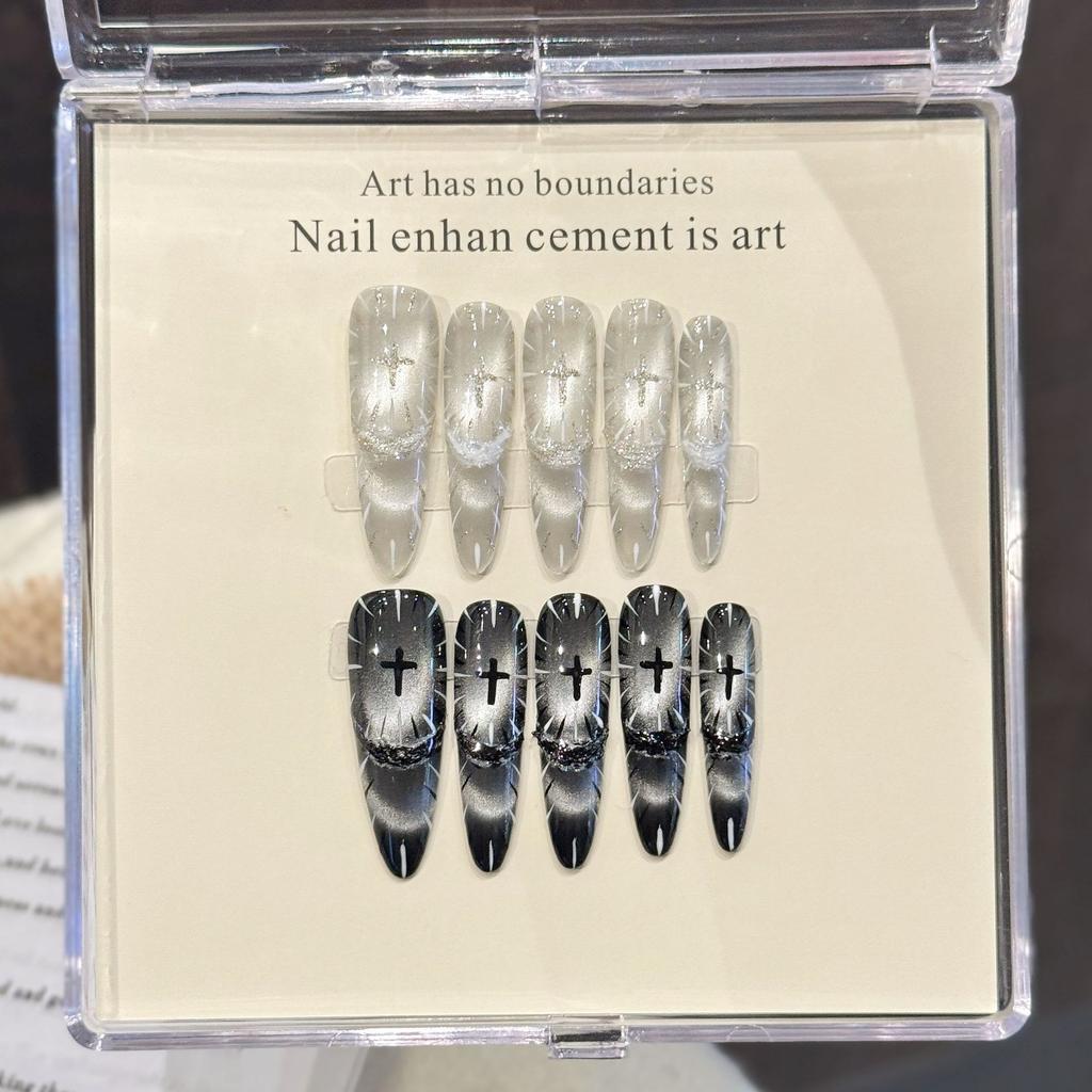 Long Stiletto Press on Nails French Tip Fake Nails False Nails with Designs Reusable Almond Nail Press ons Sparkly Acrylic Artificial Nails for Women