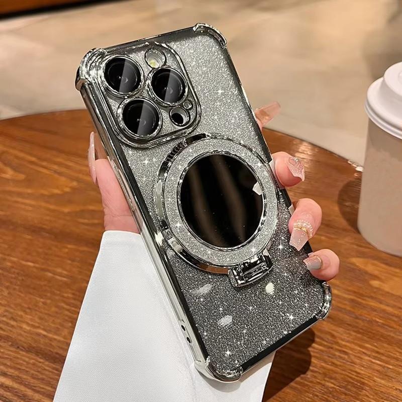 For iPhone 18 17 16 15 14 Pro Max Series Bling Glitter Mirror Kickstand Full Lens Protect Phone Case