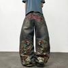 European and American high street loose wide-leg straight American Y washed retro embroidered trendy jeans