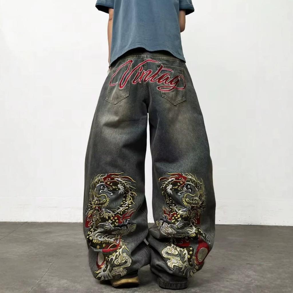European and American high street loose wide-leg straight American Y washed retro embroidered trendy jeans