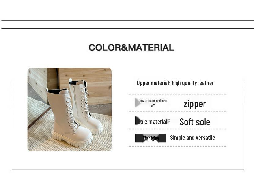 Stivali alti in pelle antiscivolo per bambini con cerniere laterali, Primavera/Autunno, Resistenti all'usura, Dr. Ispirate a Martens, Disponibili in Bianco Sporco e Nero.