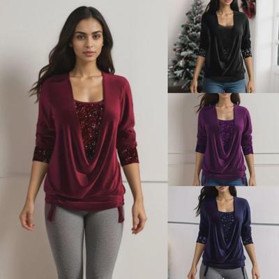 2024 Autumn/Winter Sequined Long-Sleeve Women's Top with Drop Collar - Loose Pleated Faux Two-Piece Design