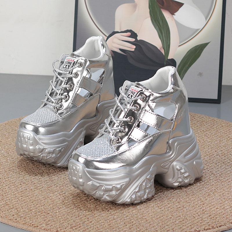 Fashion 13CM Air Mesh Synthetic Microfiber Leather Bling Vulcanize Hollow Summer Chunky Sneakers Platform Wedge Flats Women Shoes