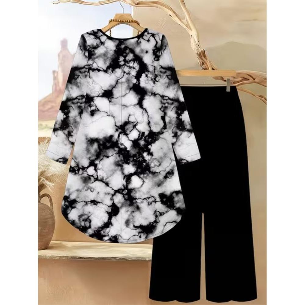Completo Due Pezzi Stampa Geometrica Donna Tunica a Manica Lunga Orlo Irregolare Pantaloni a Gamba Larga Set Coordinato Casual