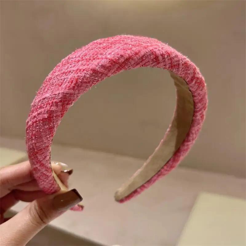 Rosenrotes Breitkrempiges Schwamm-Haarband Damen Feenhaftes Temperament Stirnband Tweed-Stoff Reifen Haarband Mädchen Haarschmuck Schmuck