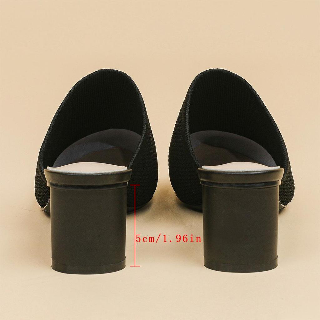 Damen Große Größe Frühling Spitzschuh Dicken Absätzen Sandalen Schuhe Casual Flyknit Blockabsatz Tiefe Öffnung Einfarbig Gestrickte Slipper Schuhe 34-43