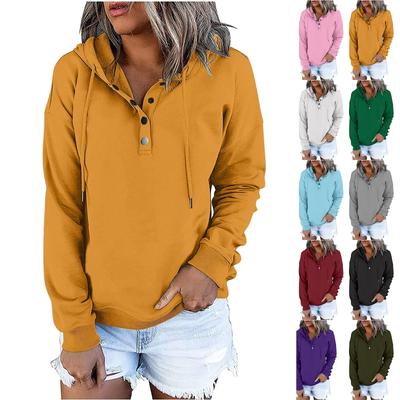 Women's Fashion Long Sleeve Solid Color Hooded Button Sweatshirt Top