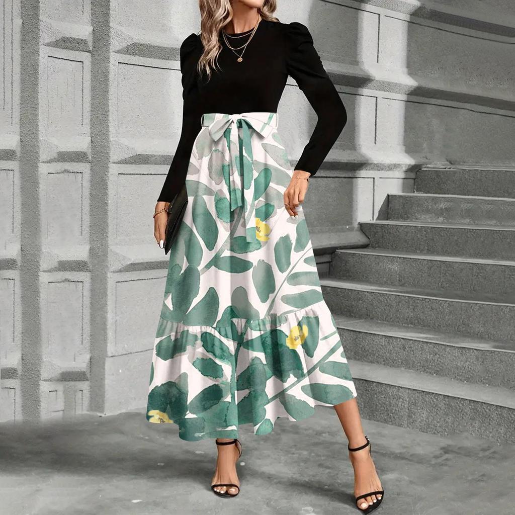 Women's Floral Print High Waist Fashionable And Elegant Dress